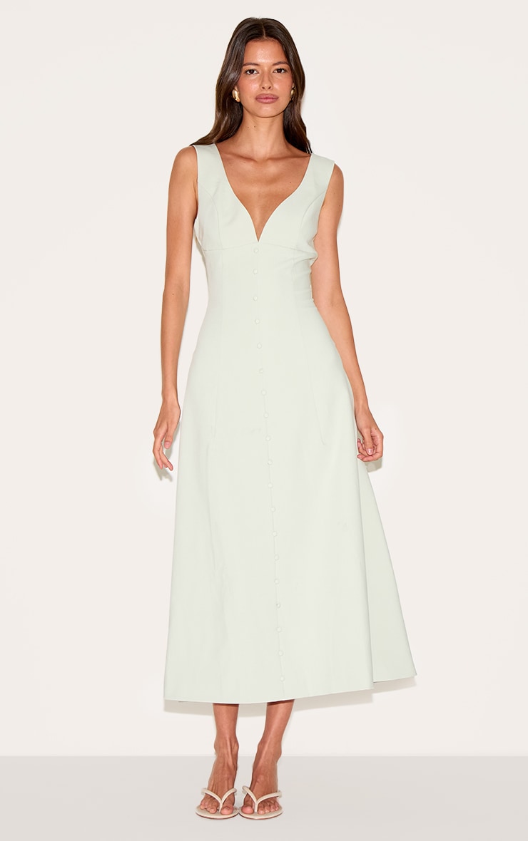 Sage Green Tailored Woven Plunge Button Down Midi Dress image 1