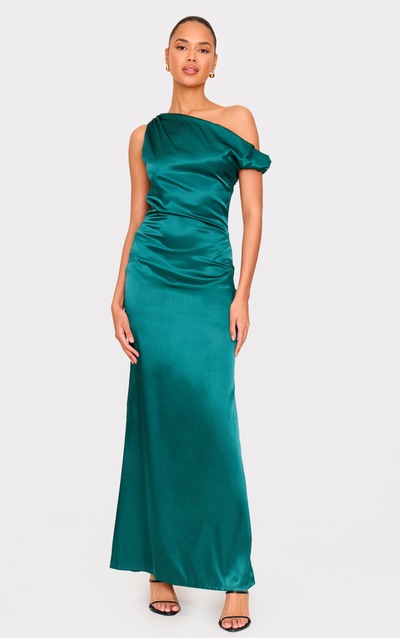 Emerald Green Satin Asymmetric Sleeveless Maxi Dress