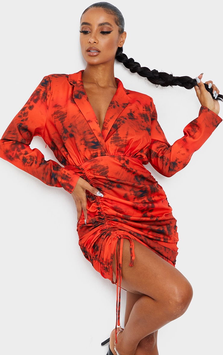 Orange Tie Dye Woven Ruched Deep Plunge Blazer Dress