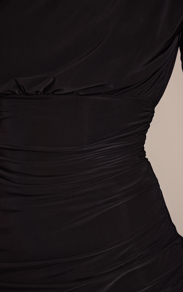 Black Double Layer Slinky Structured Long Sleeve Ruched Mini Dress image 4