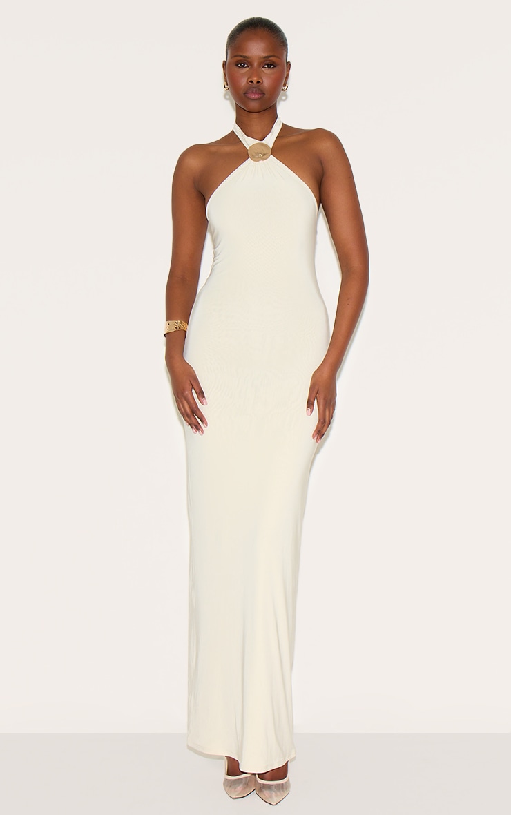 Almond Double Layered Slinky Halter Neck Trim Detail Maxi Dress image 1