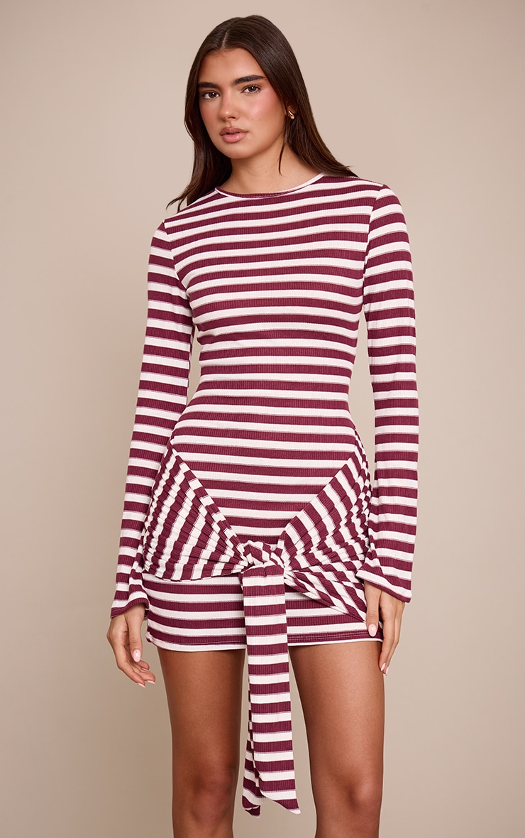 Burgundy Striped Long Sleeve Wrap Detail Bodycon Dress image 1