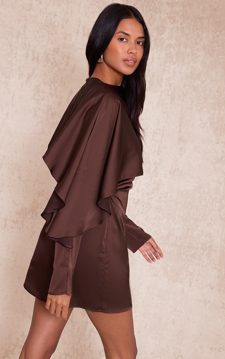 Dark Chocolate Satin Overlay Cape Detail Bodycon Dress image 2