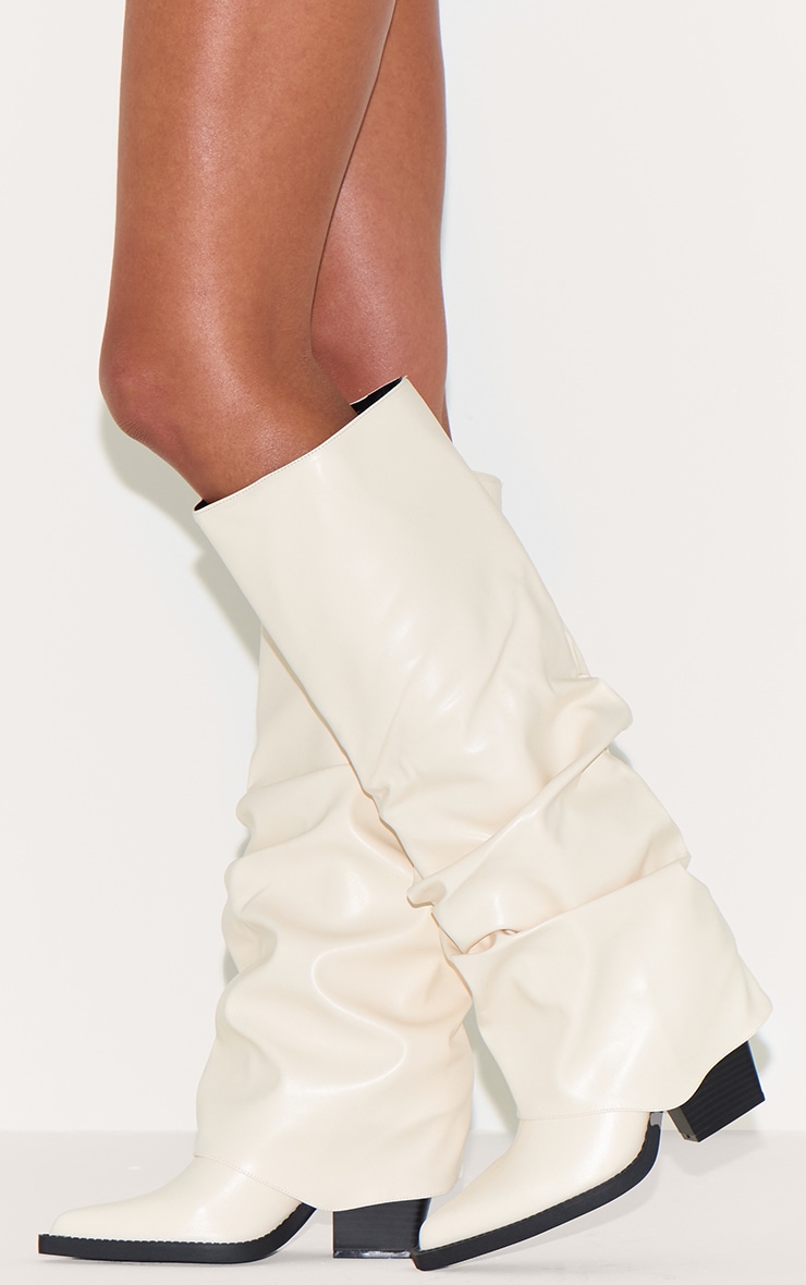 Cream Pu Point Toe Fold Over Block Heel Knee High Boots image 1