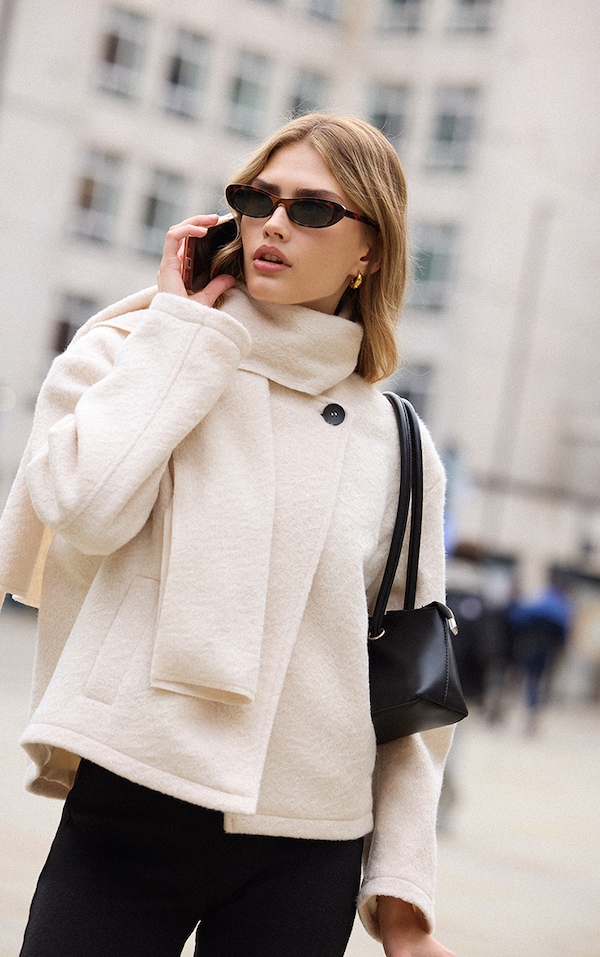 Cream Boucle Scarf Coat