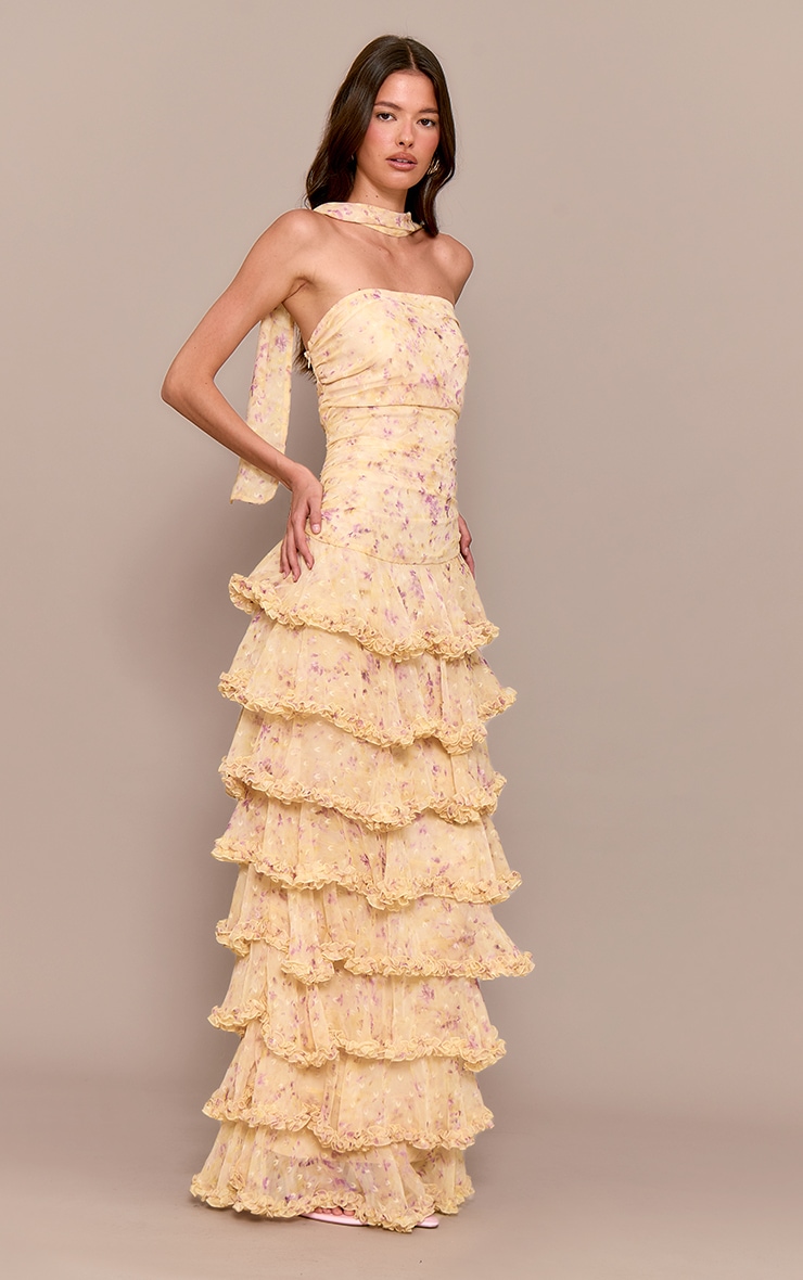 Robe longue en mousseline de soie jaune pâle imprimé petites fleurs à étages volantés image 3