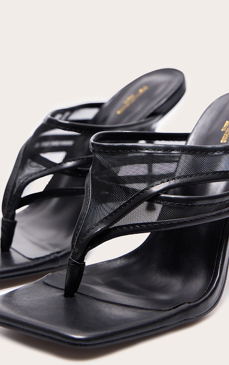 Wide Fit Black Square Toe Double Mesh Toe Thong High Stiletto Heeled Mules image 4