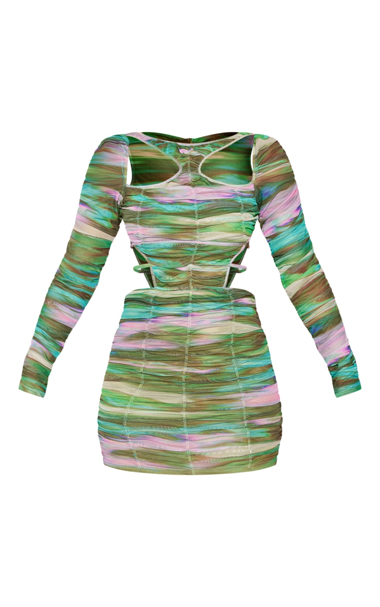 Green Animal Print Mesh Extreme Ruched Cut Out Bodycon Dress image 5