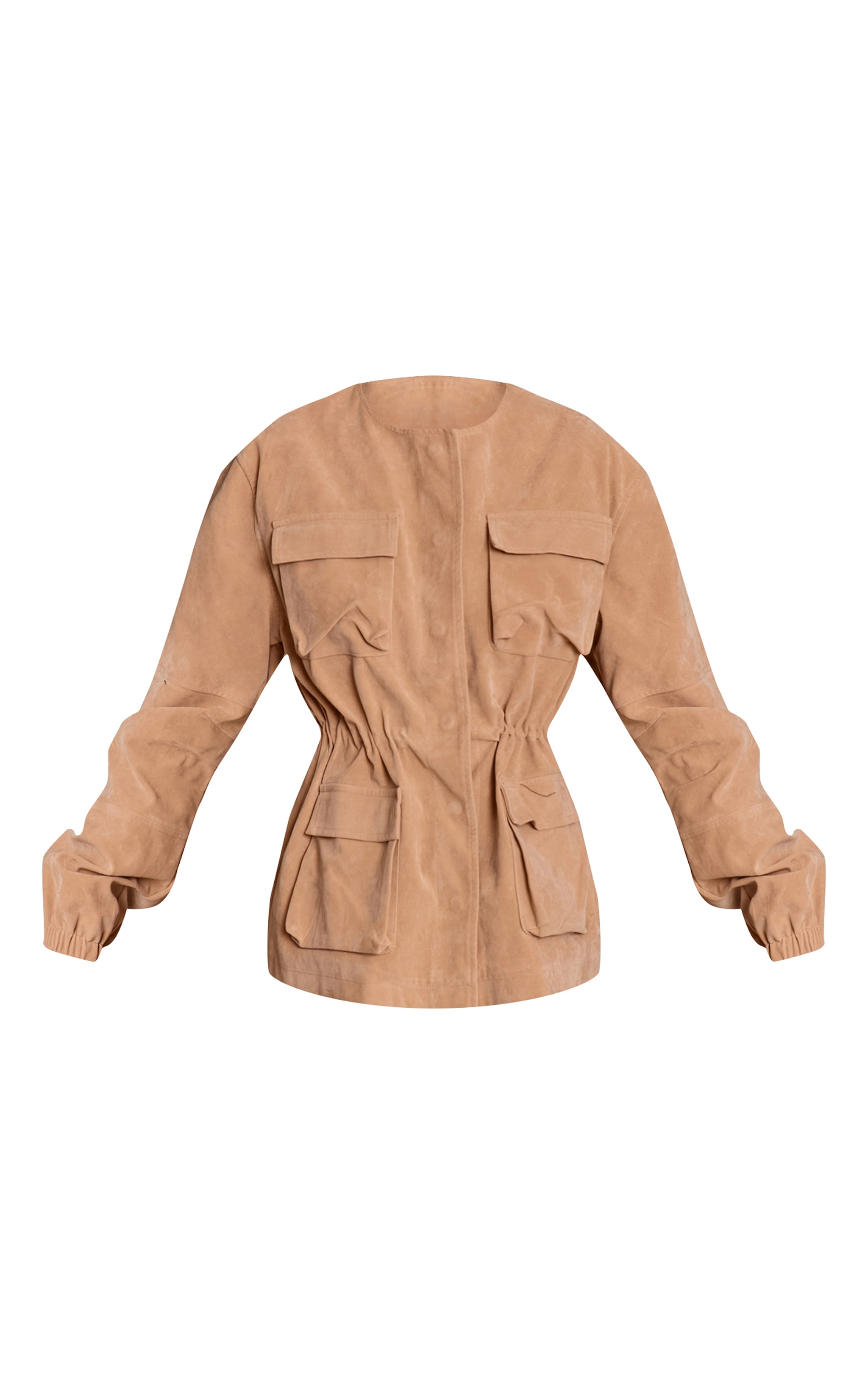 Sand Structured Faux Suede Pocket Detail Adjustable Waist Jacket image 5