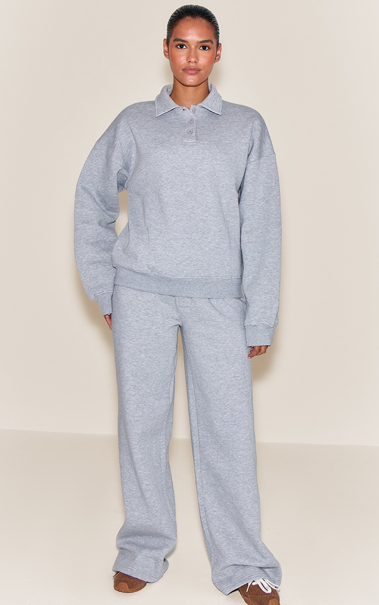 Grey Marl Button Up Long Sleeve Polo Sweatshirt image 3