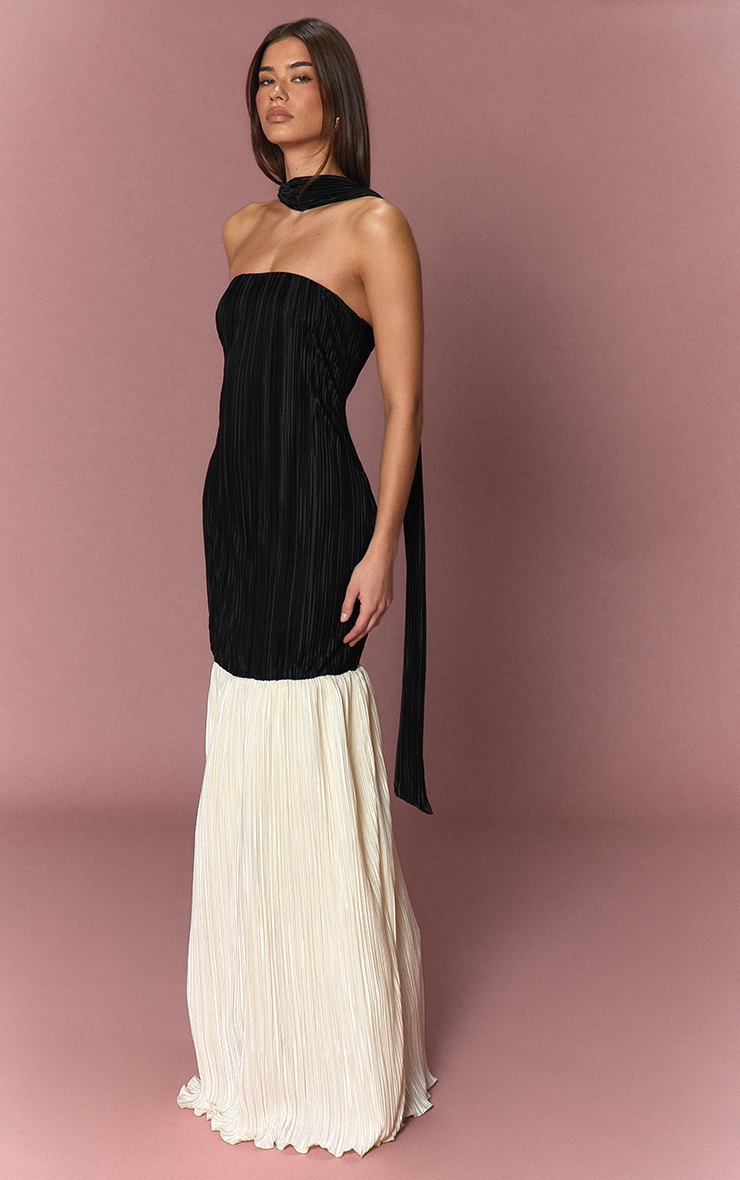 Monochrome Satin Plisse Neck Detail Maxi Dress image 3