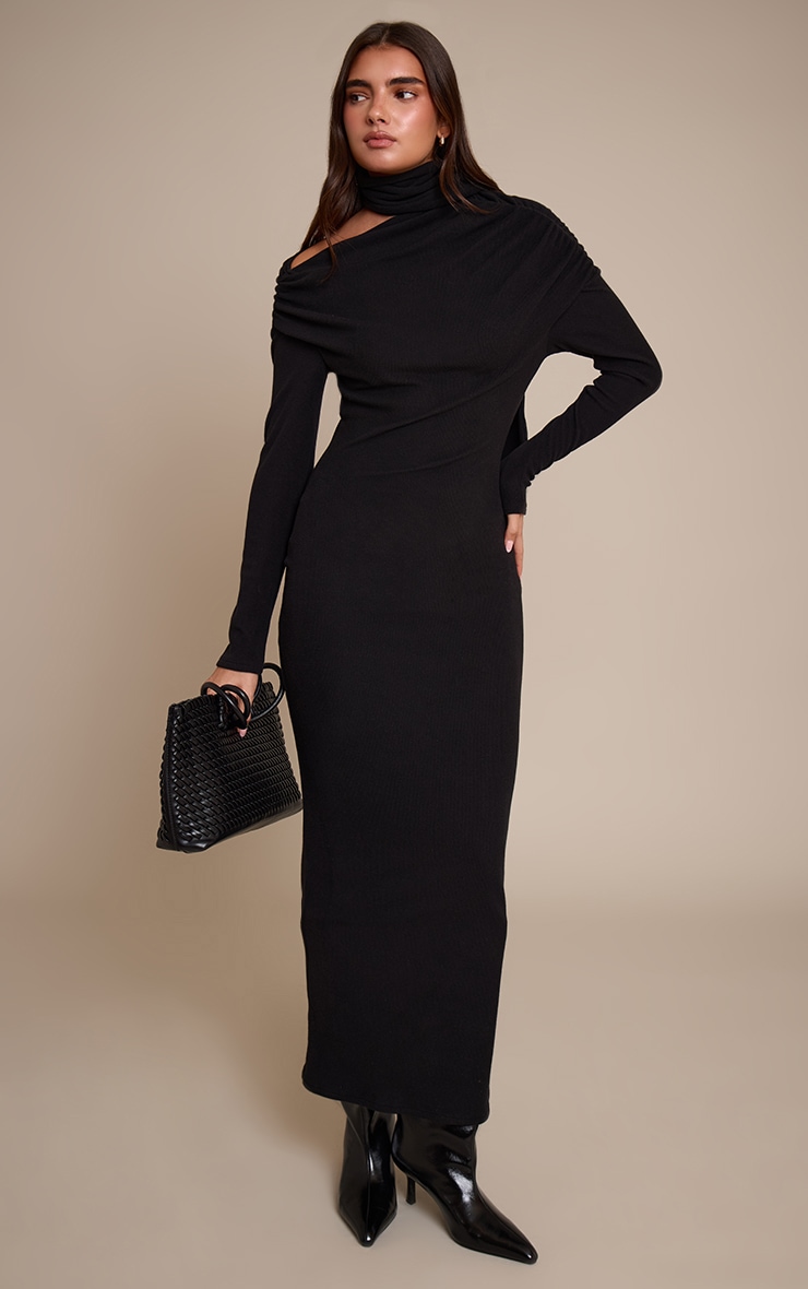 Black Brushed Rib Scarf Detail Long Sleeve Asymmetric Ruched Maxi Dress image 3