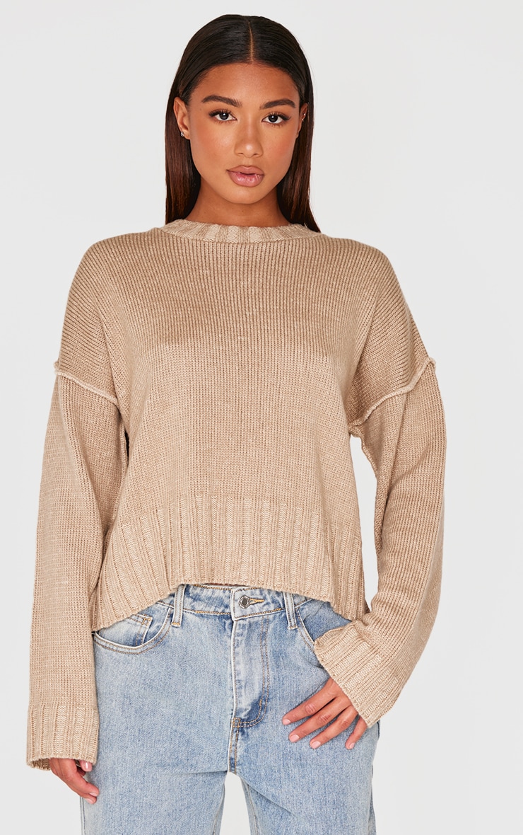 Taupe Exposed Seam Chunky Knit Oversized Sweater image 3