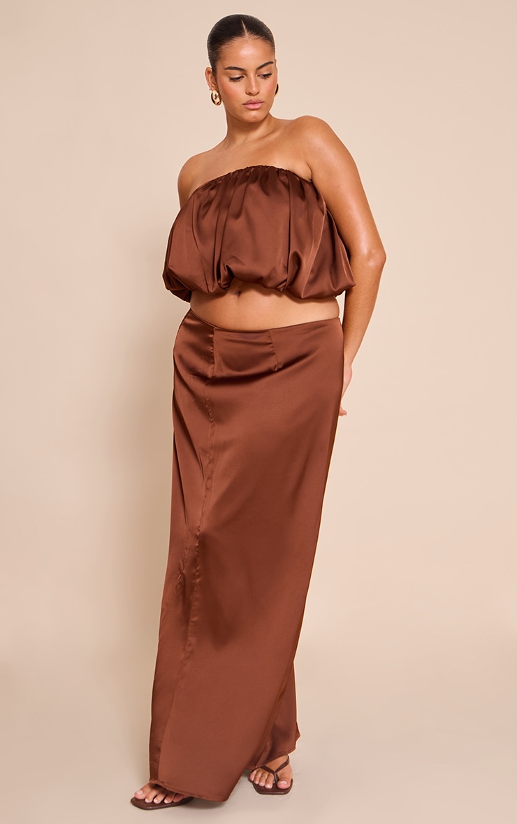 Plus Chocolate Satin Mid Rise Maxi Skirt image 2