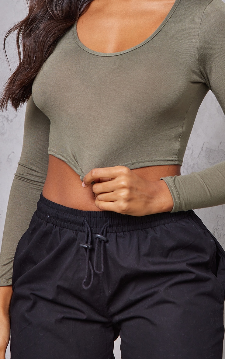 Khaki Long Sleeve V Neck Crop Top image 4