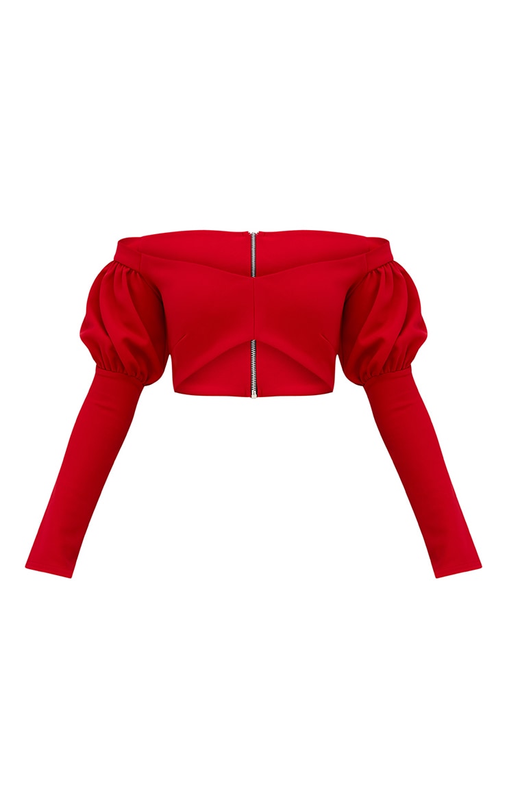 Red Puff Sleeve Bardot Crop Top. Tops PrettyLittleThing