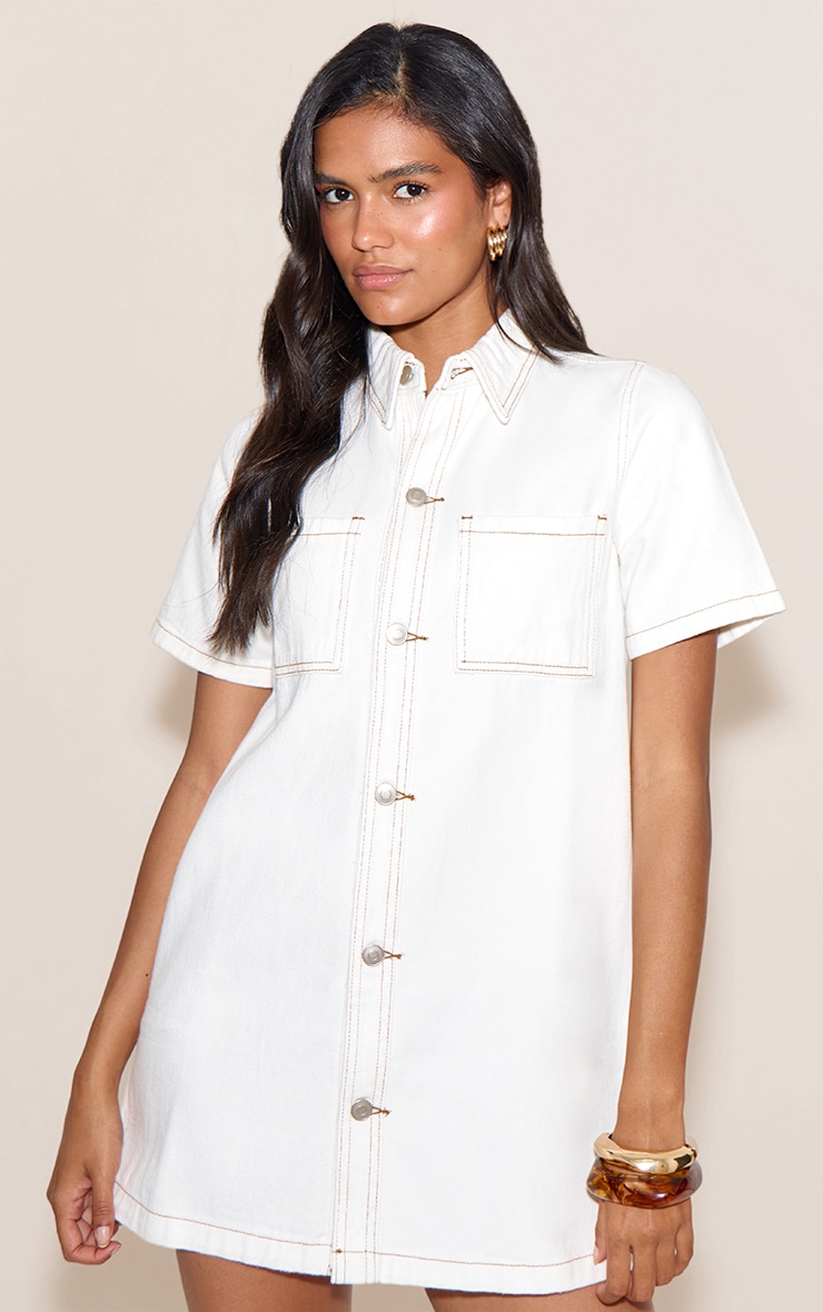 White Contrast Stitch Denim Shirt Dress image 1