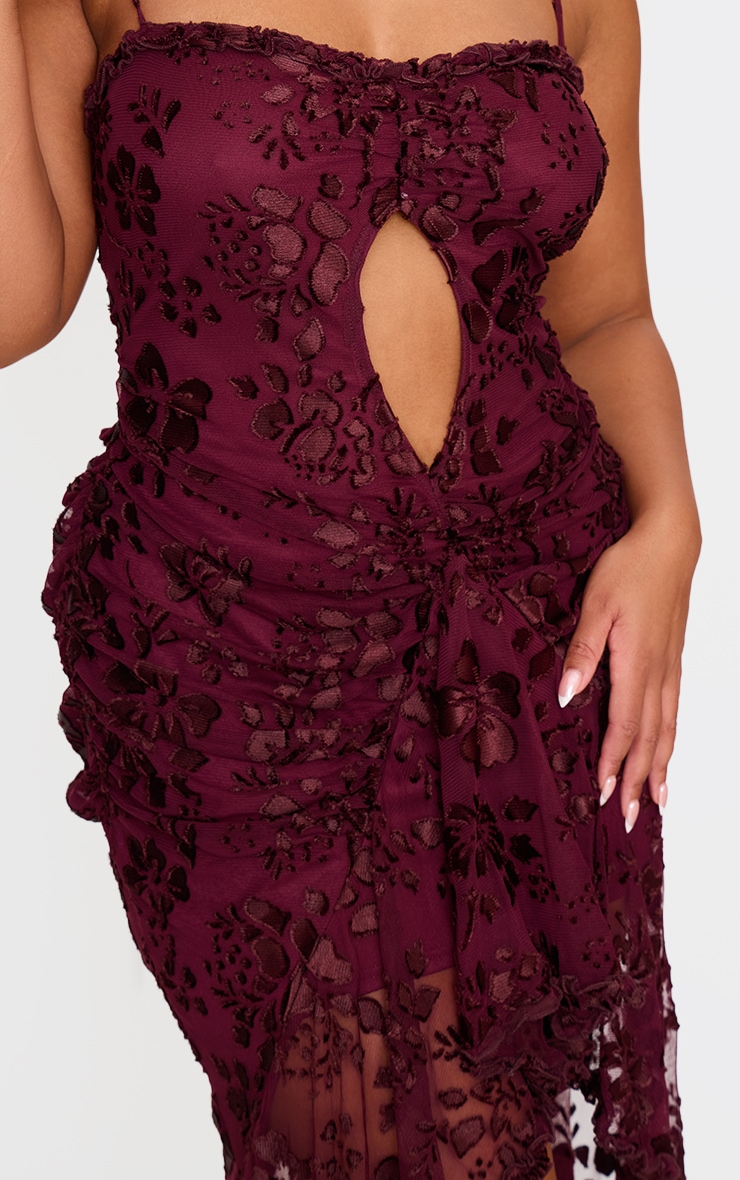 Plus Cherry Red Devore Cut Out Frill Detail Dress image 4