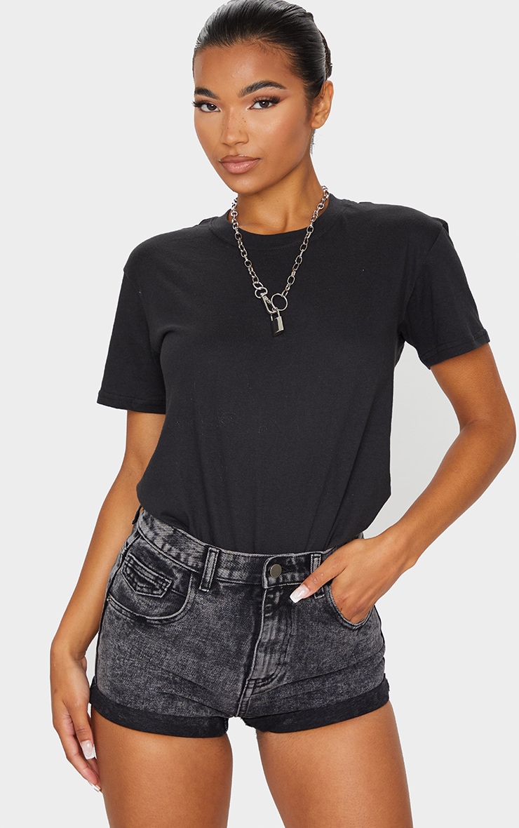 PRETTYLITTLETHING Washed Black Turn Up Hem Denim Hot Pants