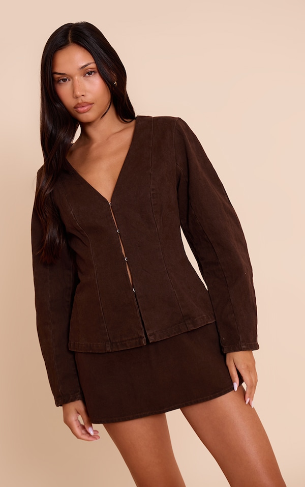 Chocolate Cocoon Sleeve Coated Denim Blazer