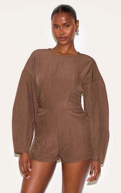 Combishort de tailleur tissé gris champignon à col montant et manches cocon