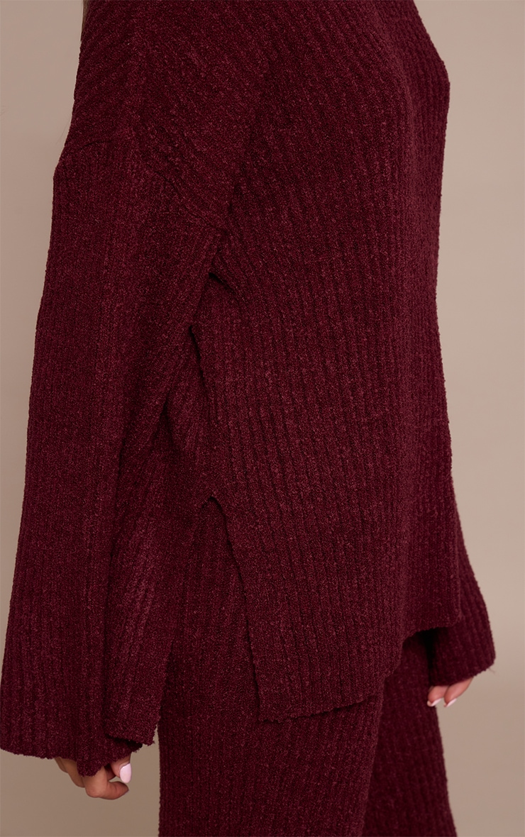 Burgundy Rib Boucle Knit Wide Leg Pants image 4