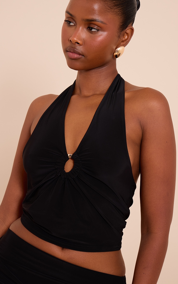 Black Gold Front Ring Detail Halterneck Top image 4