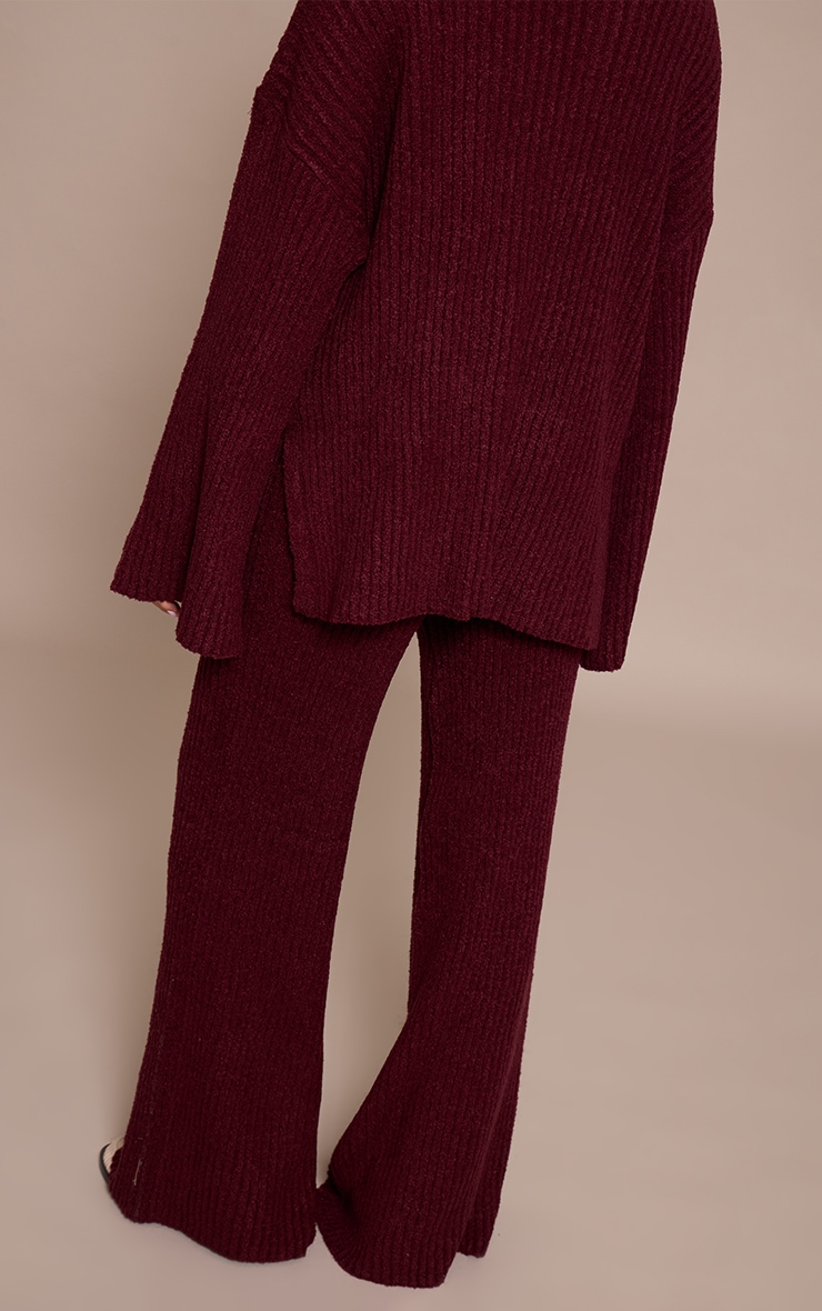 Burgundy Rib Boucle Knit Wide Leg Pants image 3