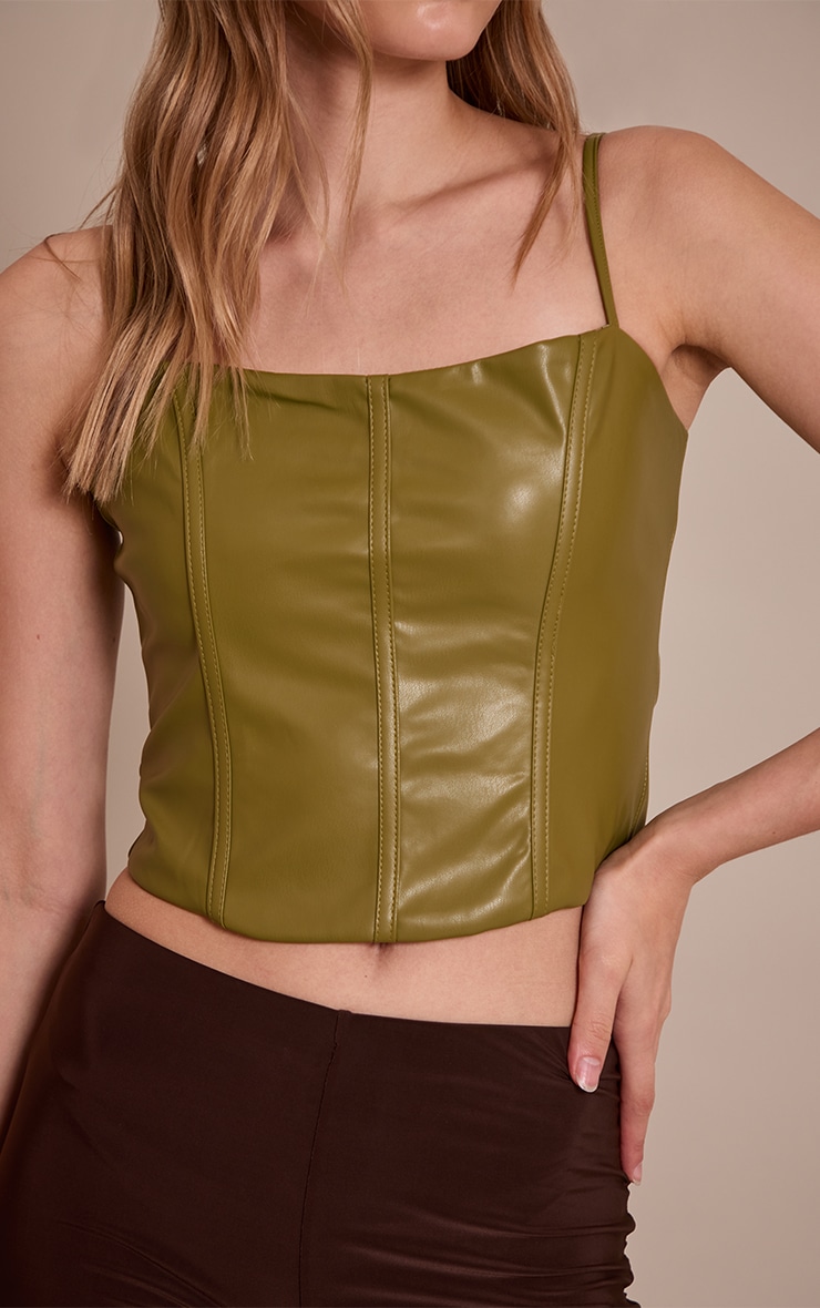 Olive Faux Leather Bonded Strappy Corset image 4