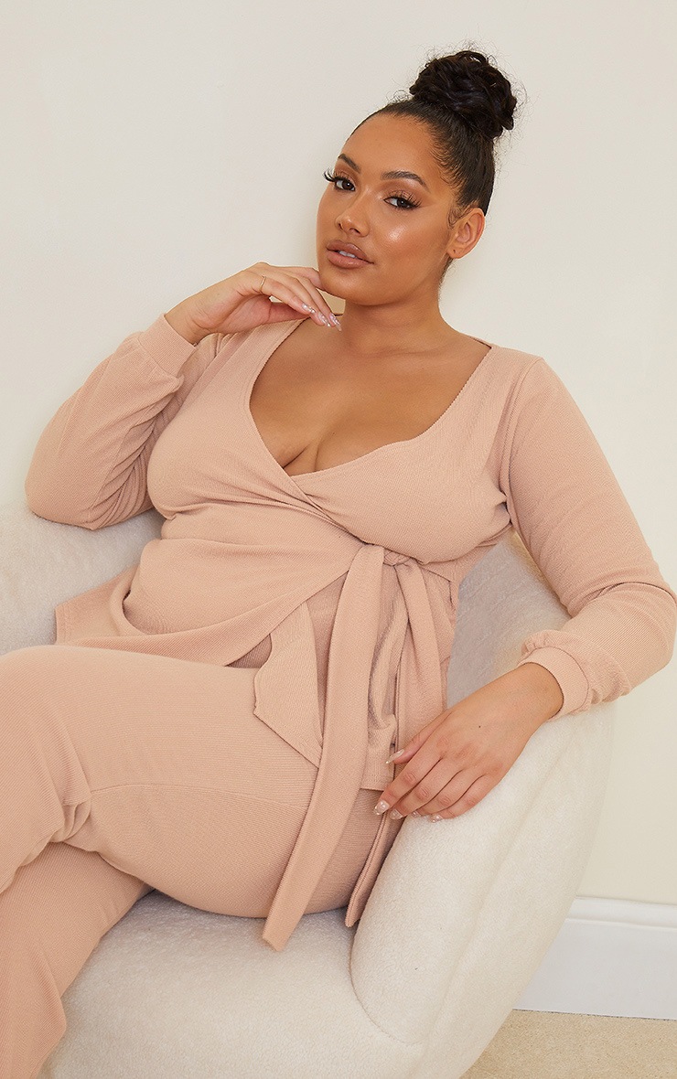 Plus Stone Soft Rib Long Sleeve Wrap Detail Top