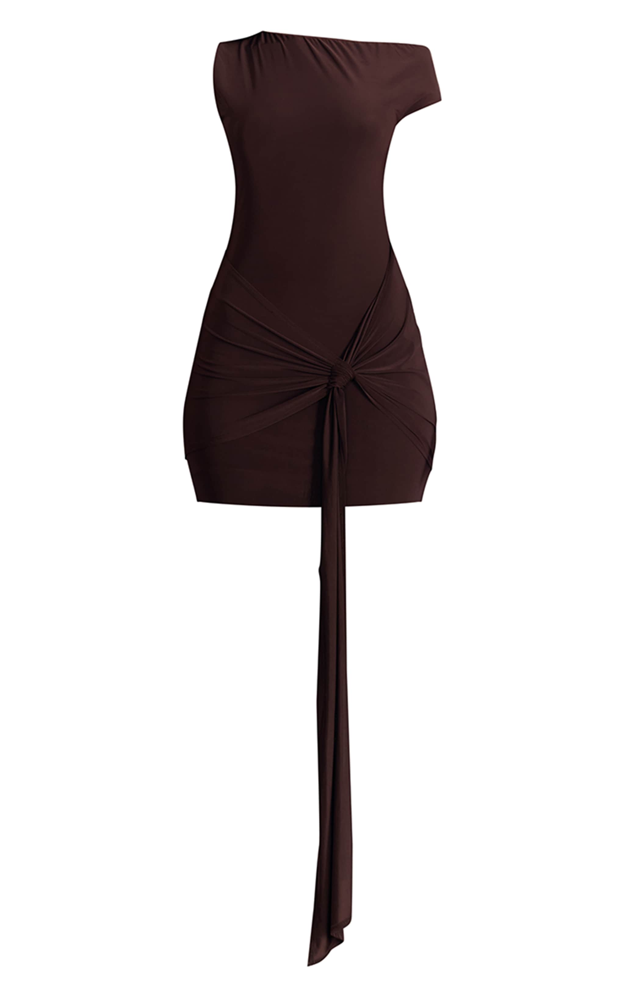 Chocolate Slinky Asymmetric Drape Bodycon Mini Dress image 5