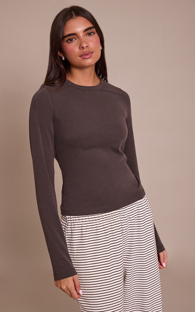 Dark Chocolate Soft Cotton Crew Neck Longline Long Sleeve Top
