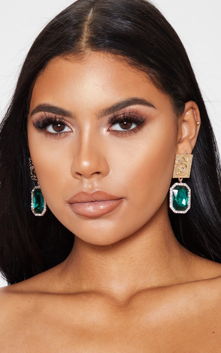 Gold Snake And Green Gemstone Diamante Drop Earrings