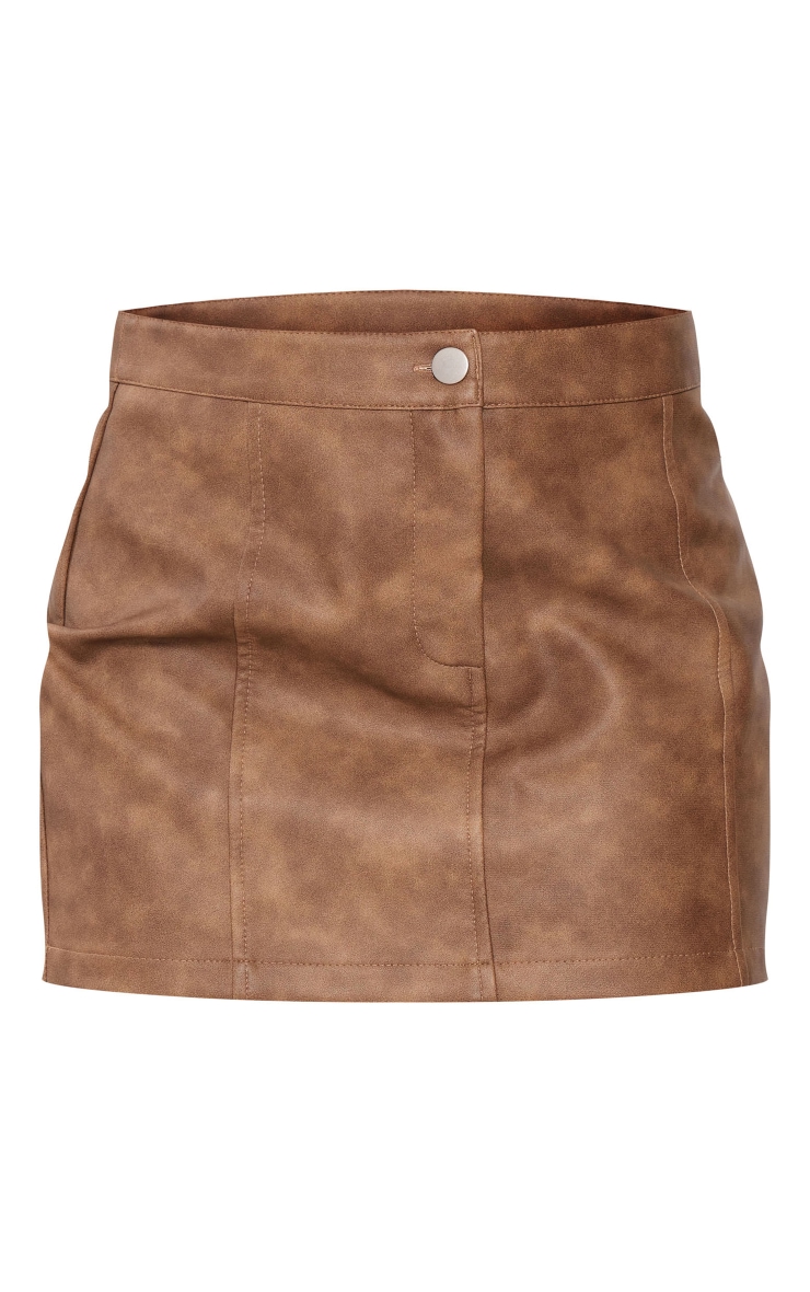 Chocolate Washed Faux Leather Seam Detail Mini Skirt image 6