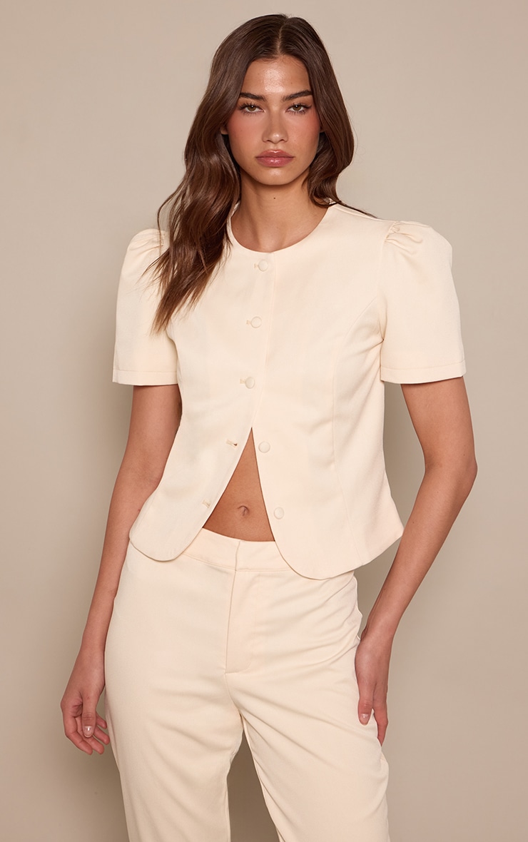Almond Tailored Short Sleeve Button Up Top