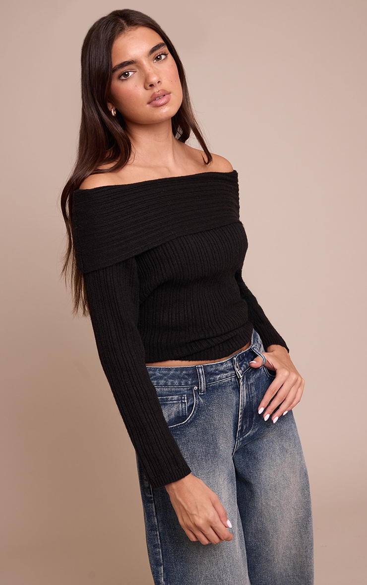 Black Off The Shoulder Knit Long Sleeve Top