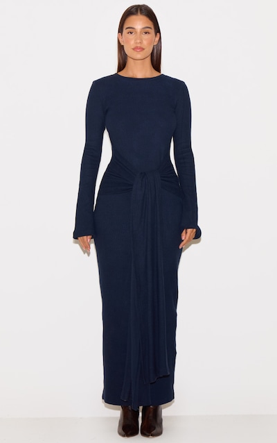 Navy Heavy Brushed Rib Wrap Tie Maxi Dress