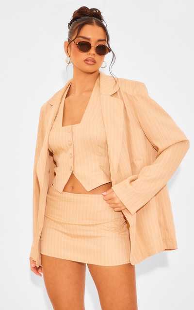 Taupe Woven Pinstripe Oversized Dad Blazer