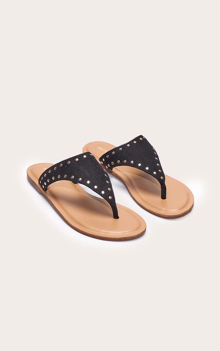 Black Faux Suede Stud Detail Toe Thong Flat Sandals image 2