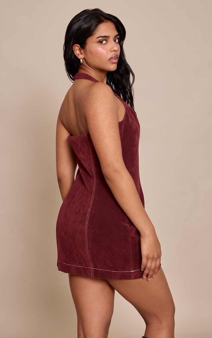 Petite Burgundy Suede Halterneck Fitted Mini Dress image 2