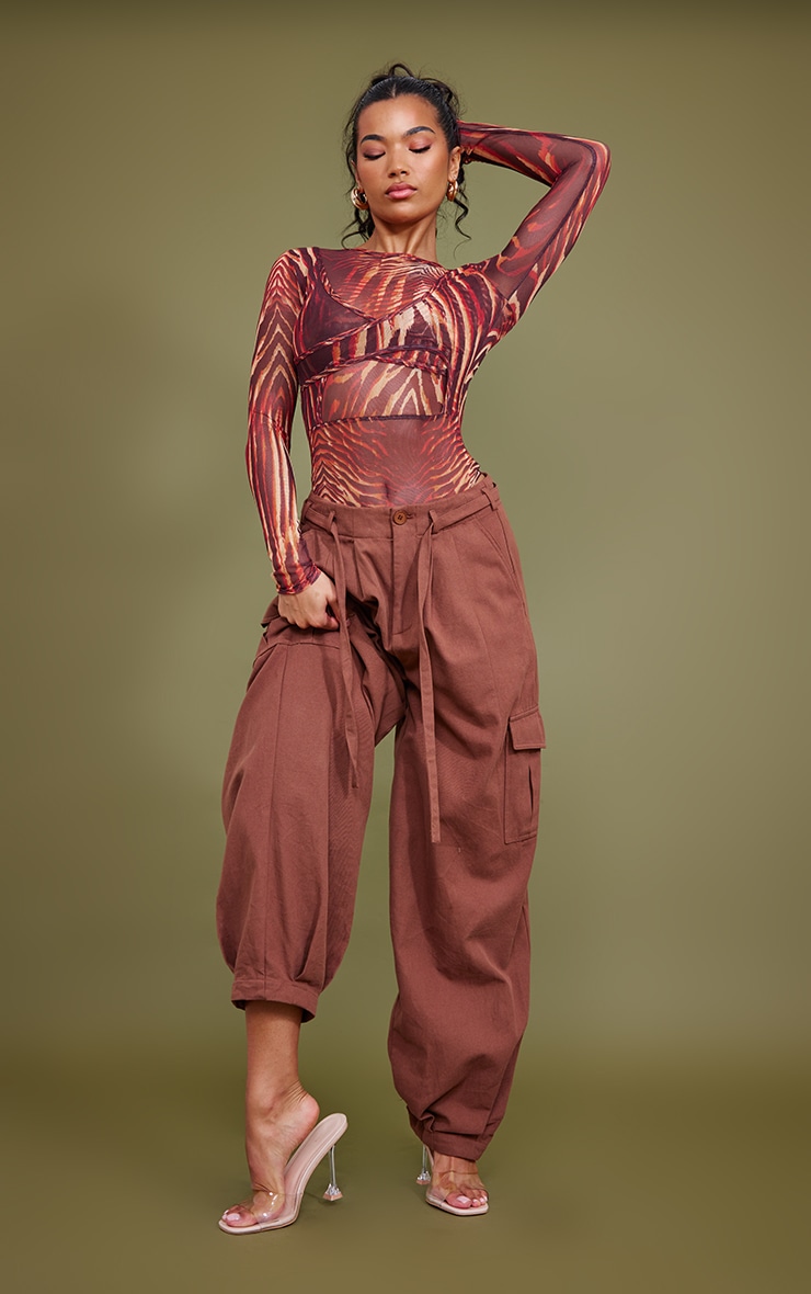  Burnt Orange Printed Mesh Cross Over Front Long Sleeve Bodysuit image 3