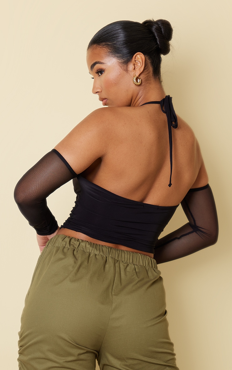 Black Mesh Panelled Halter Cold Shoulder Crop Top image 2