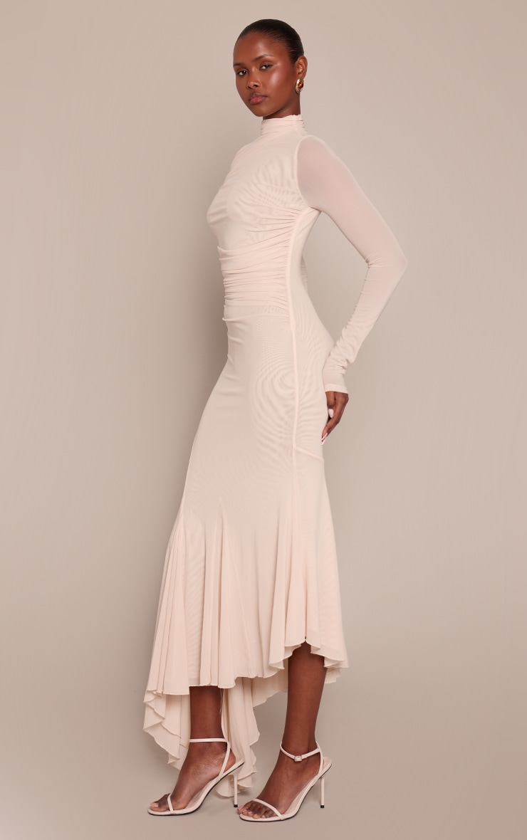 Cream Mesh Long Sleeve High Neck Ruched Maxi Dress image 3
