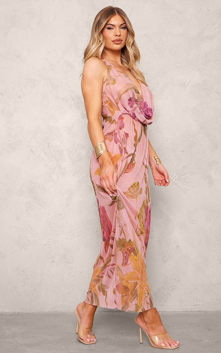 Pink Print Sheer Plisse Cowl Neck Maxi Dress image 3