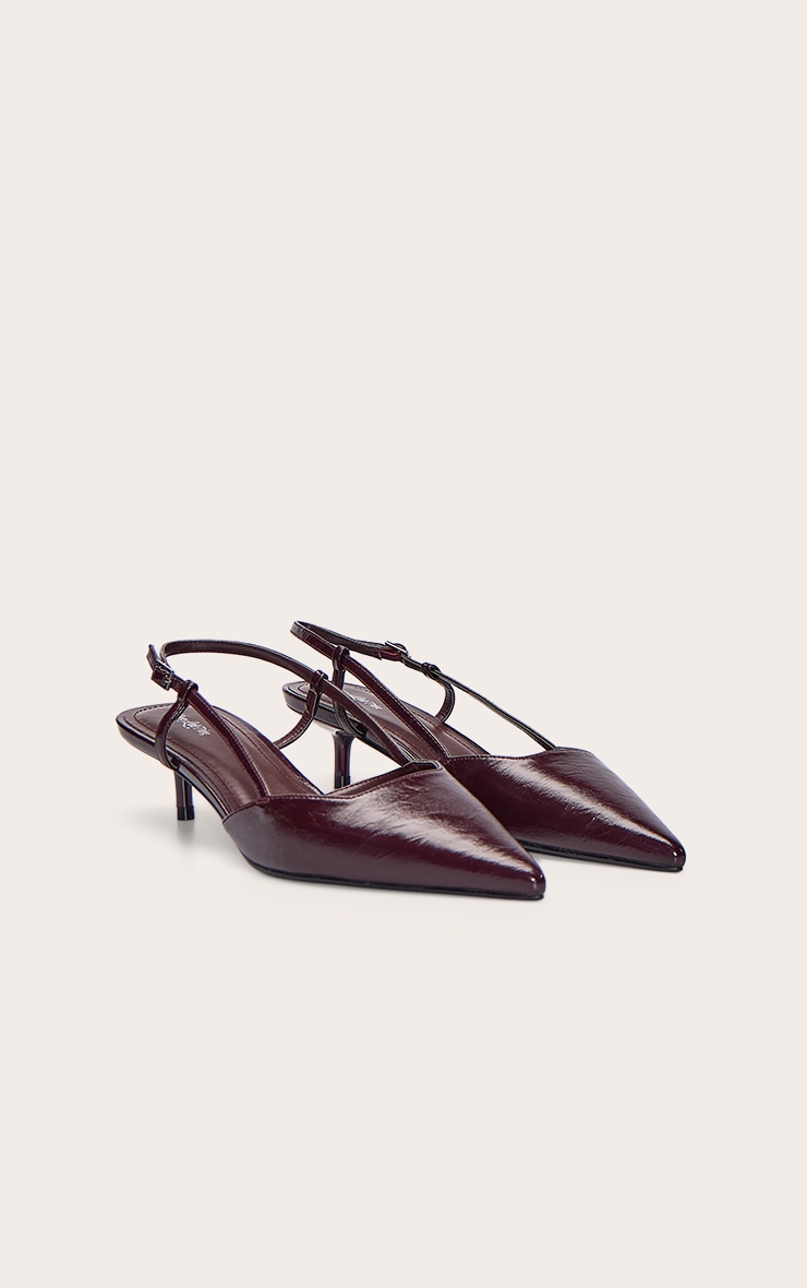 Burgundy Patent Crinkle Kitten Heel Sling Back Courts image 3