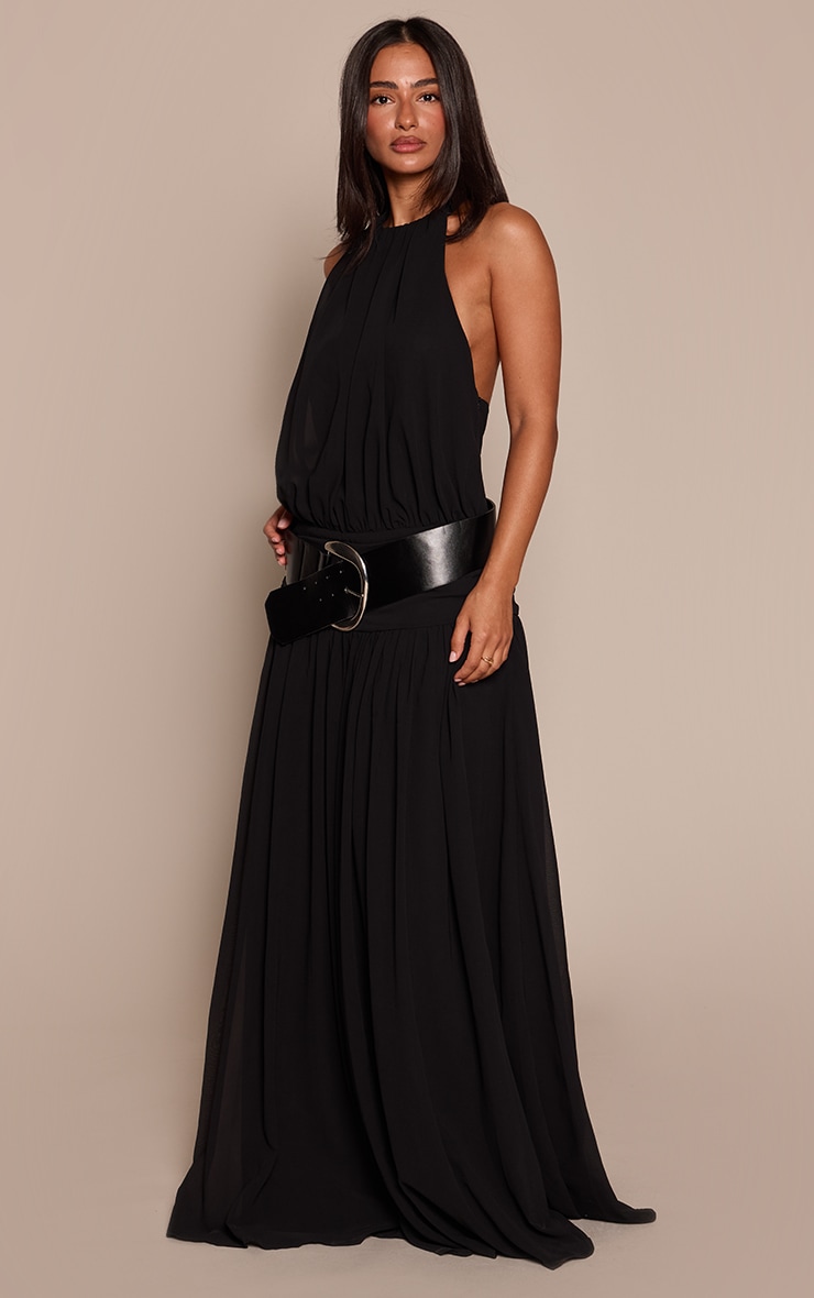 Petite Black Wrap Waist Ruched Chiffon Flowy Maxi Dress