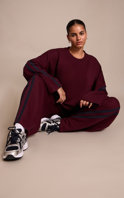 Plus Burgundy Contrast Striped Wide Leg Track Pants