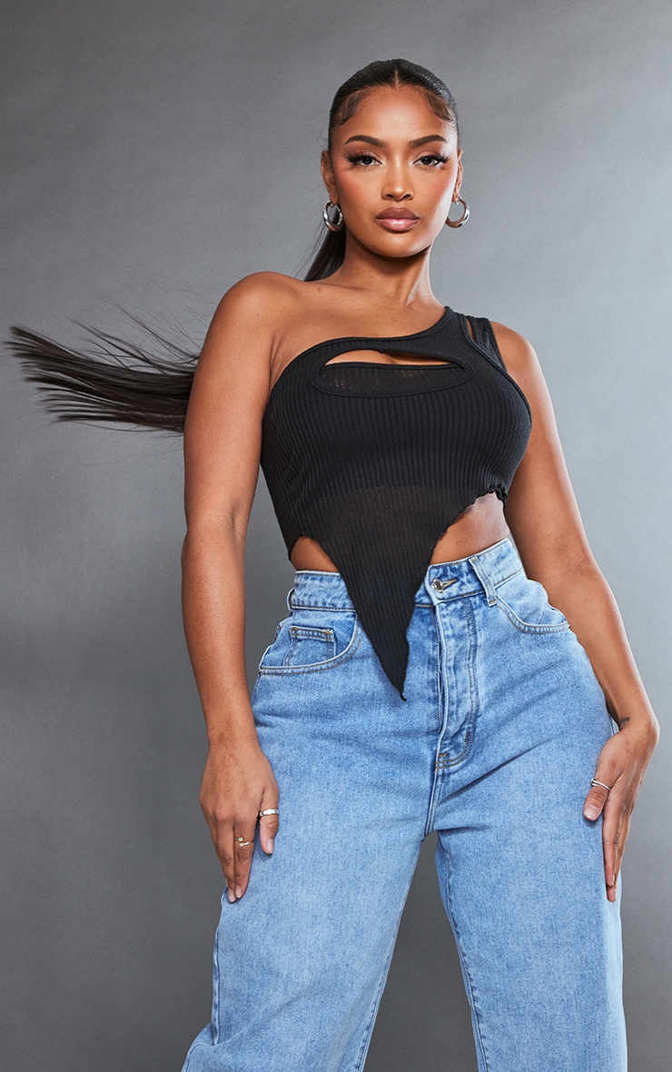 Shape Black Sheer Rib One Shoulder Bardot Crop Top image 1