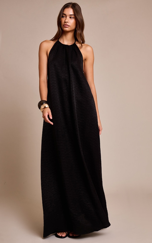 Black Crinkle Textured Bead Detail Halter Maxi Dress