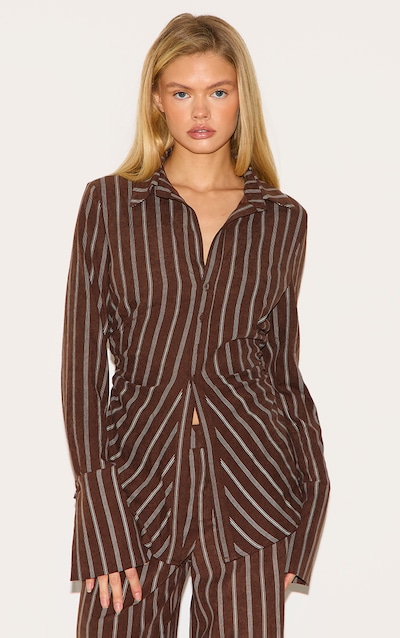 Brown Striped Asymmetric Cinched Deep Cuff Shirt